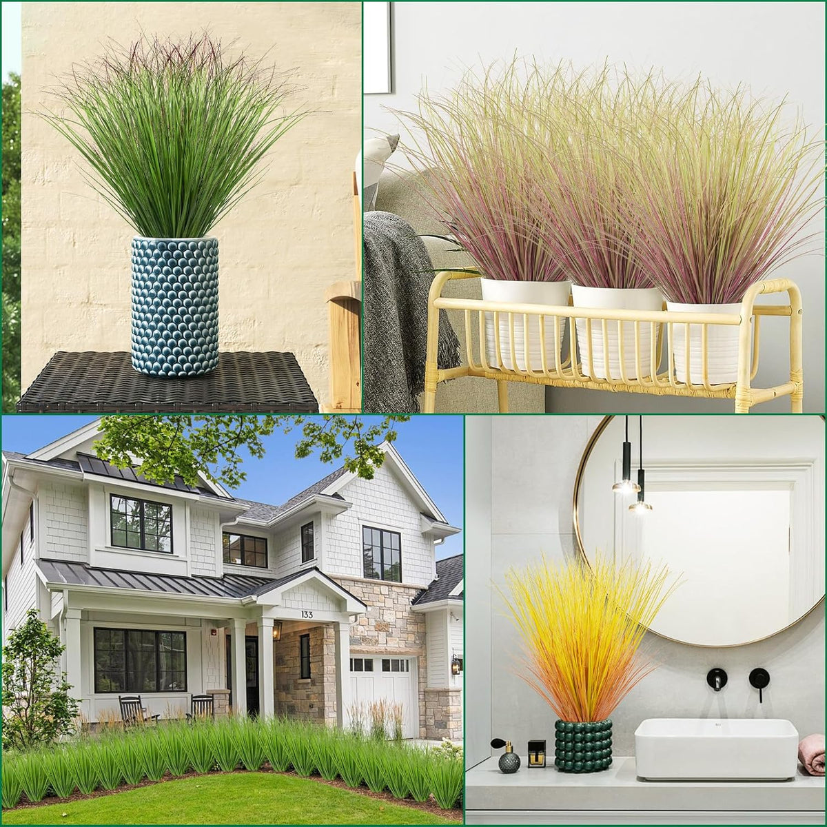 12Pcs Artificial Grass Plants, Faux Shrubs Wheat Grass, Artificial Tall Grass Fake Plants for Outdoor Decor,Artificial Greenery Stems Weed for Room Indoor Home Decor（Green Red Tail）