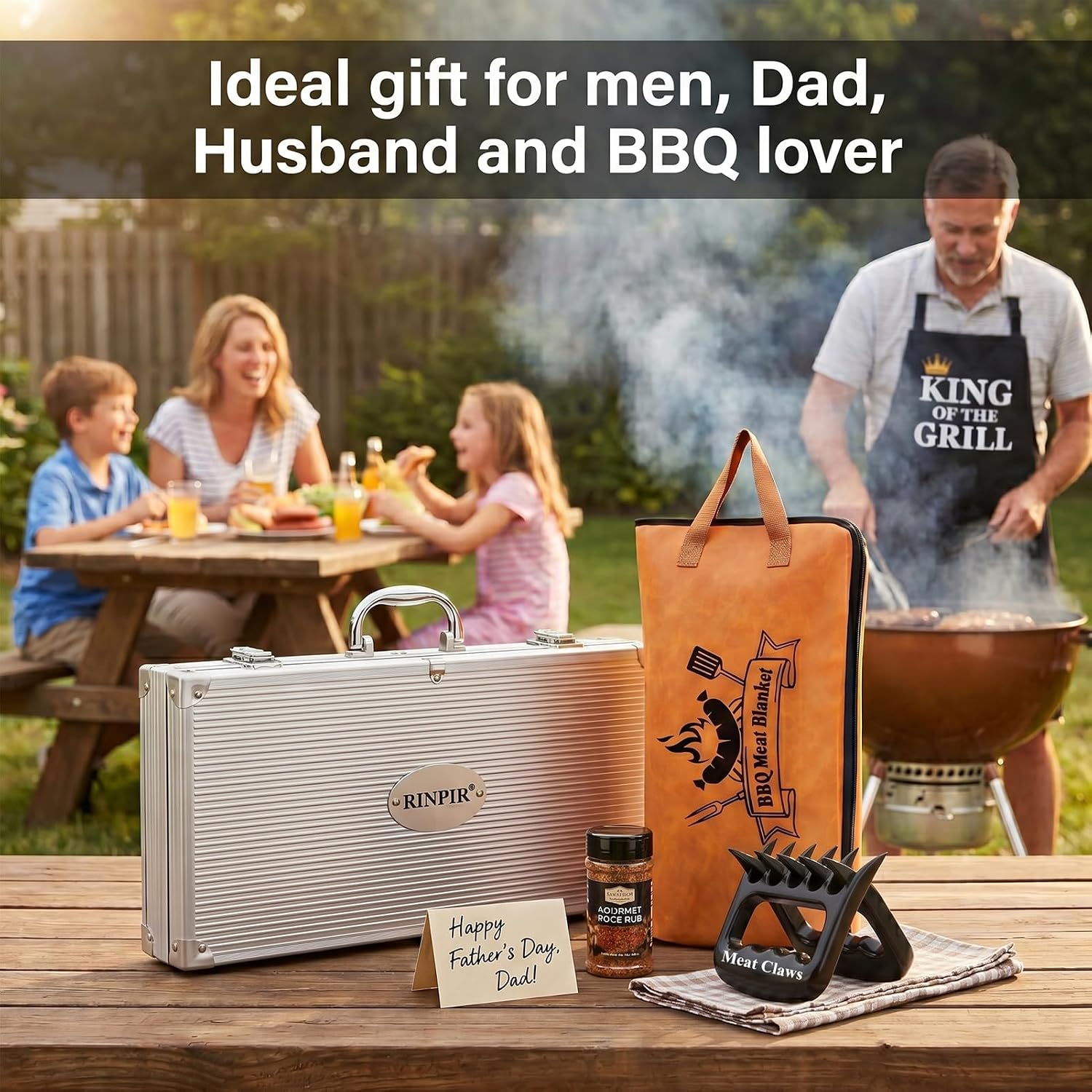 RINPIR 21pcs BBQ Grill Accessories Set with 21” Reusable Meat Blanket Brown | Father’s Day Grilling Gifts for Men Dad, Stainless Steel Grill Tools Utensils Kit in Aluminum Case for Outdoor Camping