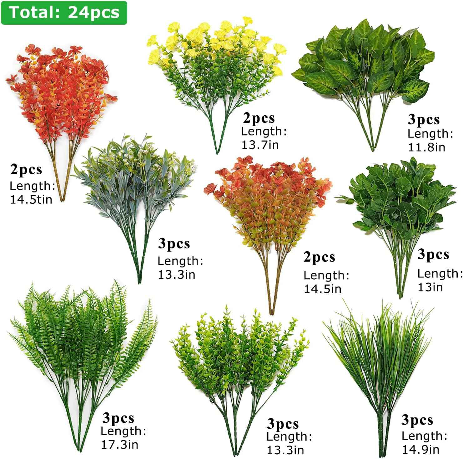 24 Pcs Outdoor Artificial Plants Realistic Artificial Flowers Greenery Stems Faux Plants Bushes for Home Planter Patio Garden Front Porch Yard Decor