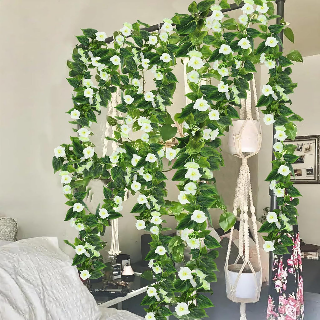 CISDUEO 2 Pcs Artificial Vines Silk Morning Glory Vines for Outdoor 15Feet Hanging Plants Garland White Fake Green Plant Morning Glories for Home Decor Wall Fence Stairway Wedding Hanging Baskets