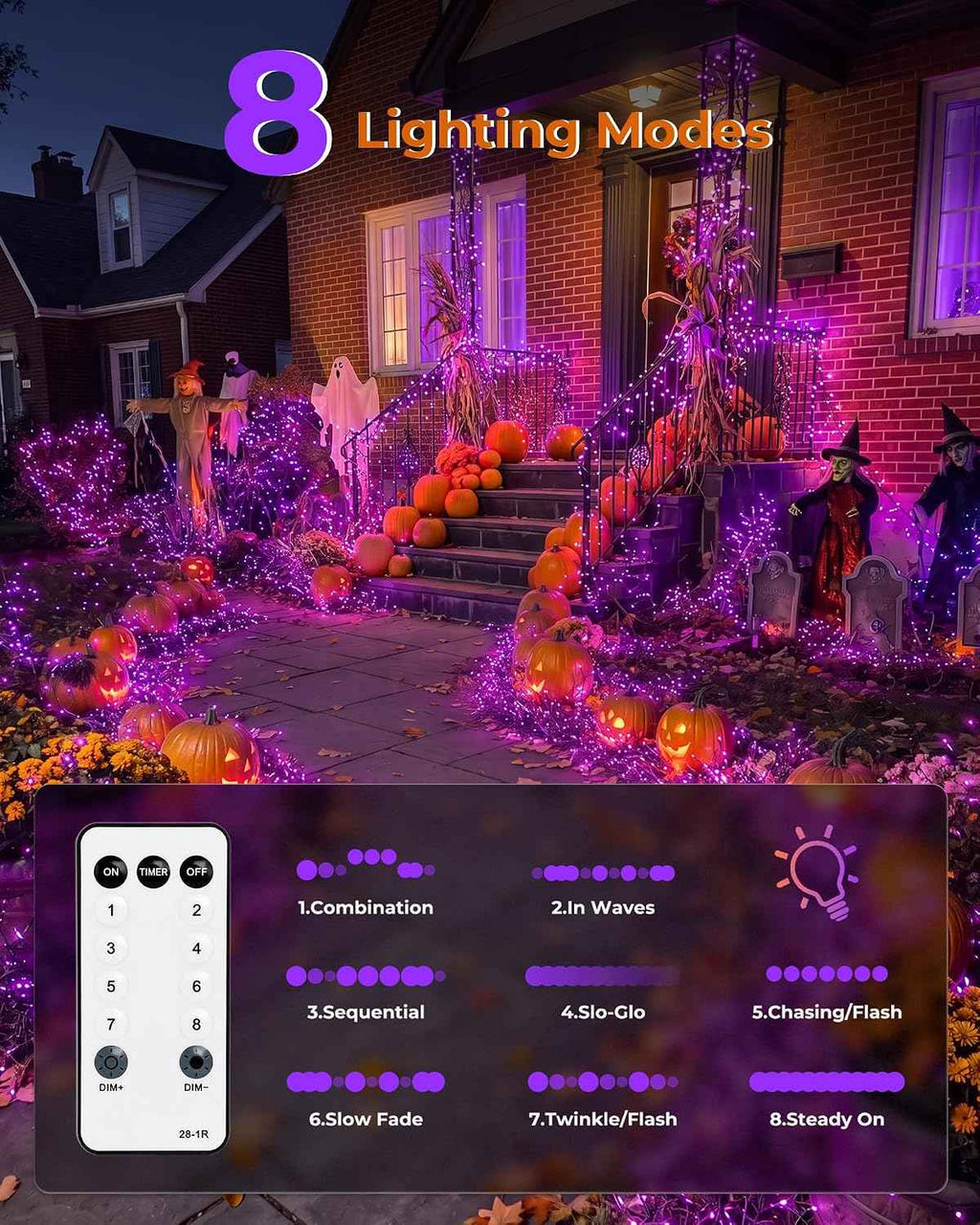 Halloween Fairy Lights Plug in, 10Feet 200 LEDs Firecracker String Lights with Remote, Waterproof Cluster String Lights for Ceiling Bedroom Wreath Window Bar Haunted Theme Halloween Decoration, Purple
