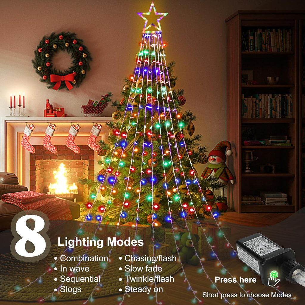 (New) Christmas Lights, Outdoor Christmas Decorations, 320 LED Waterfall String Lights, 8 Light Modes Chrsitmas Lights with 12" Star Tree Topper for Yard, Party, New Year (Multicolor)