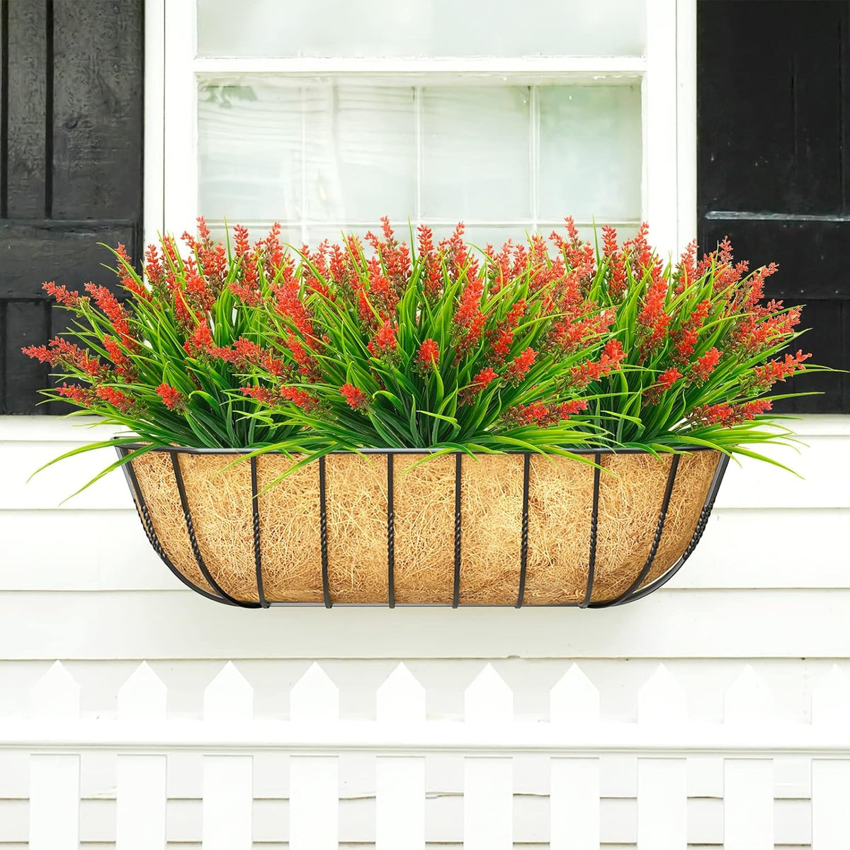 obbsie 12 Bundles Artificial Plants Outdoor, 18.2" UV Resistant Faux Monkey Grass Greenery Stems No Fade Faux Plastic Flowers Shrubs for Home Weddings Garden Porch Front Patio Office Decor - Red