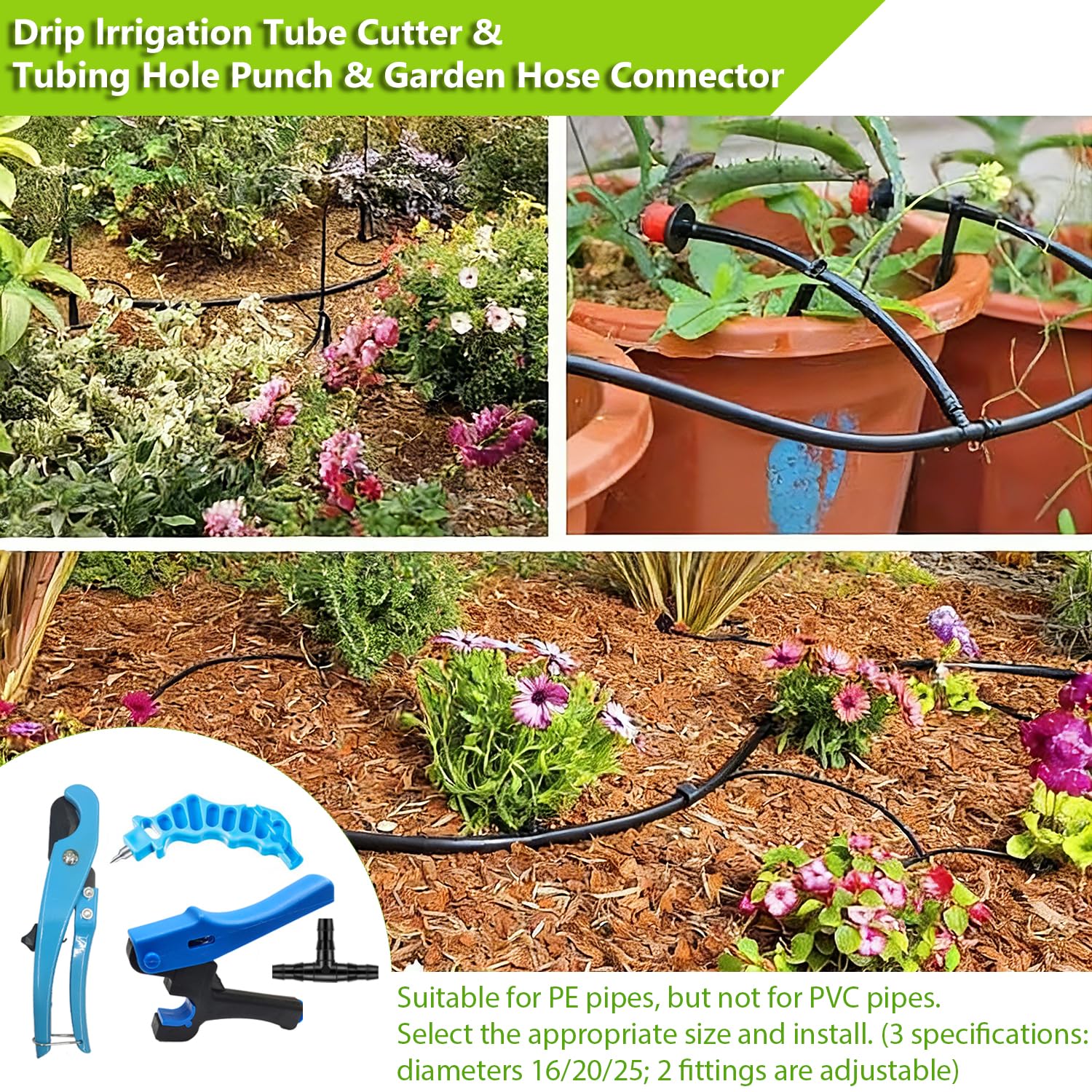 Drip Irrigation Hole Punch Tool, Pipe Cutter, Hole Punch, 100T Connectors | This 2-in-1 punching and cutting tool set comes with 100 T-fittings and is suitable for 16/20/25-millimeter PE pipes.