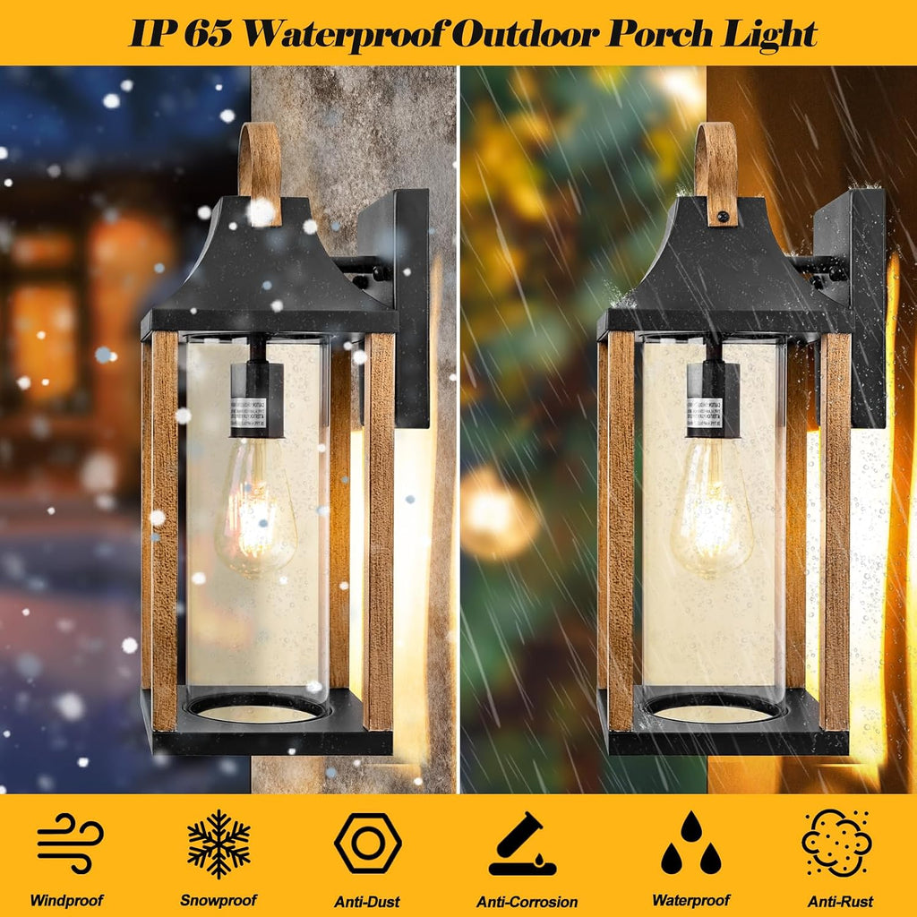Outdoor Wall Light Rustic Wood Cylindrical Glass 17” Large | 1 Pack Exterior Wall Sconce, Farmhouse Porch Light Fixture Outside IP65 Waterproof, Patio Porch Courtyard, ETL List