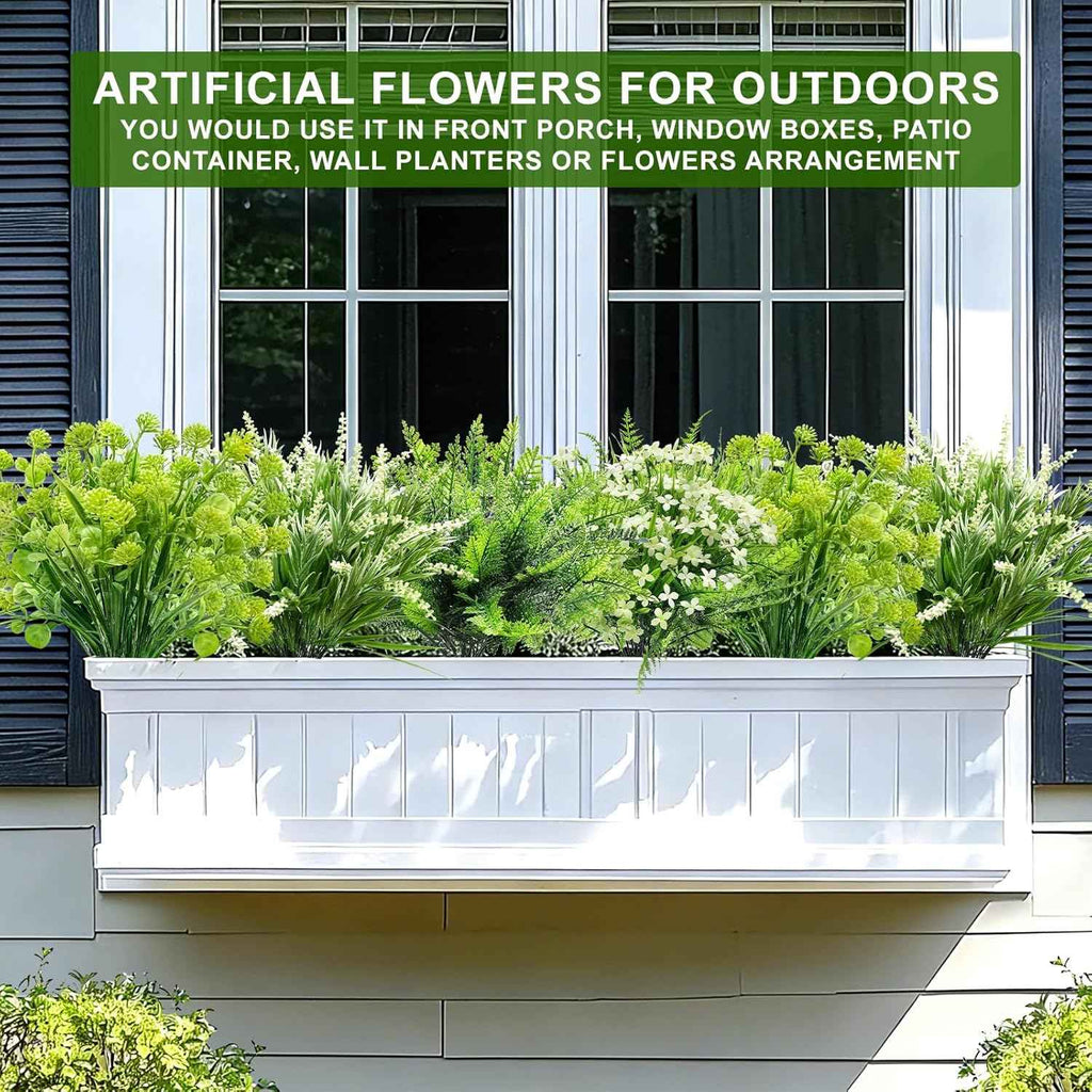 TURNMEON Artificial Plants Outdoor Fake Plants UV Resistant No Fade 12 Bundles 4 Styles Faux Plant Plastic Greenery Shrubs Boston Fern Lavender for Outside Gardens Porch Patio Indoor Home Decor