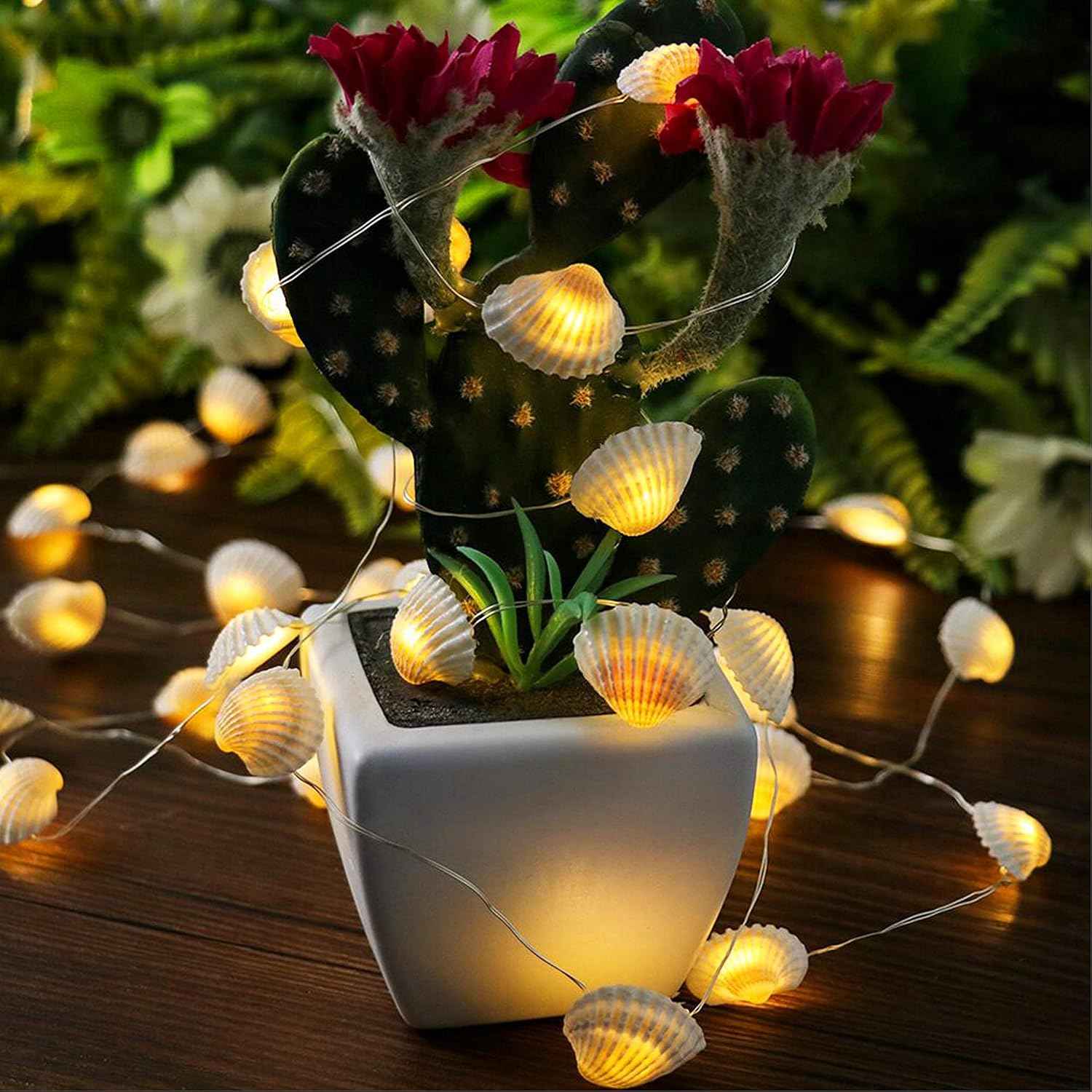 Natural Seashell String Lights 13.2ft 40 LED 8 Modes Warm White Weatherproof Battery Operated Ocean Theme Lights for Bedrooms Parties Weddings Gardens with Remote and Timer (Natural Shell)