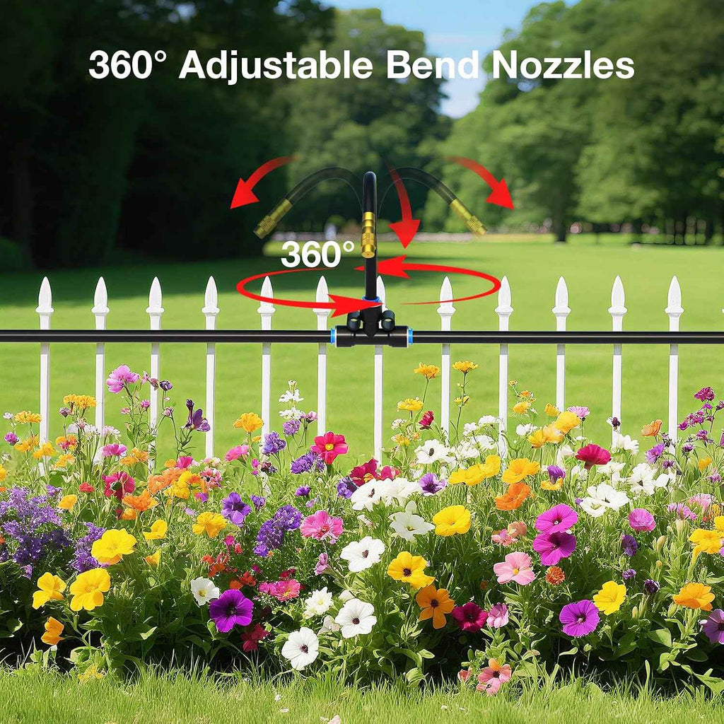MIXC 360° Adjustable Drip Irrigation Nozzles for 1/4" Irrigation Tubing | 20 Bendable 7.8-Inch Nozzles, 20 Quick-Connect Tees, 1/4-Inch Size, Adjustable Mist-to-Stream Flow, Tubing Not Included