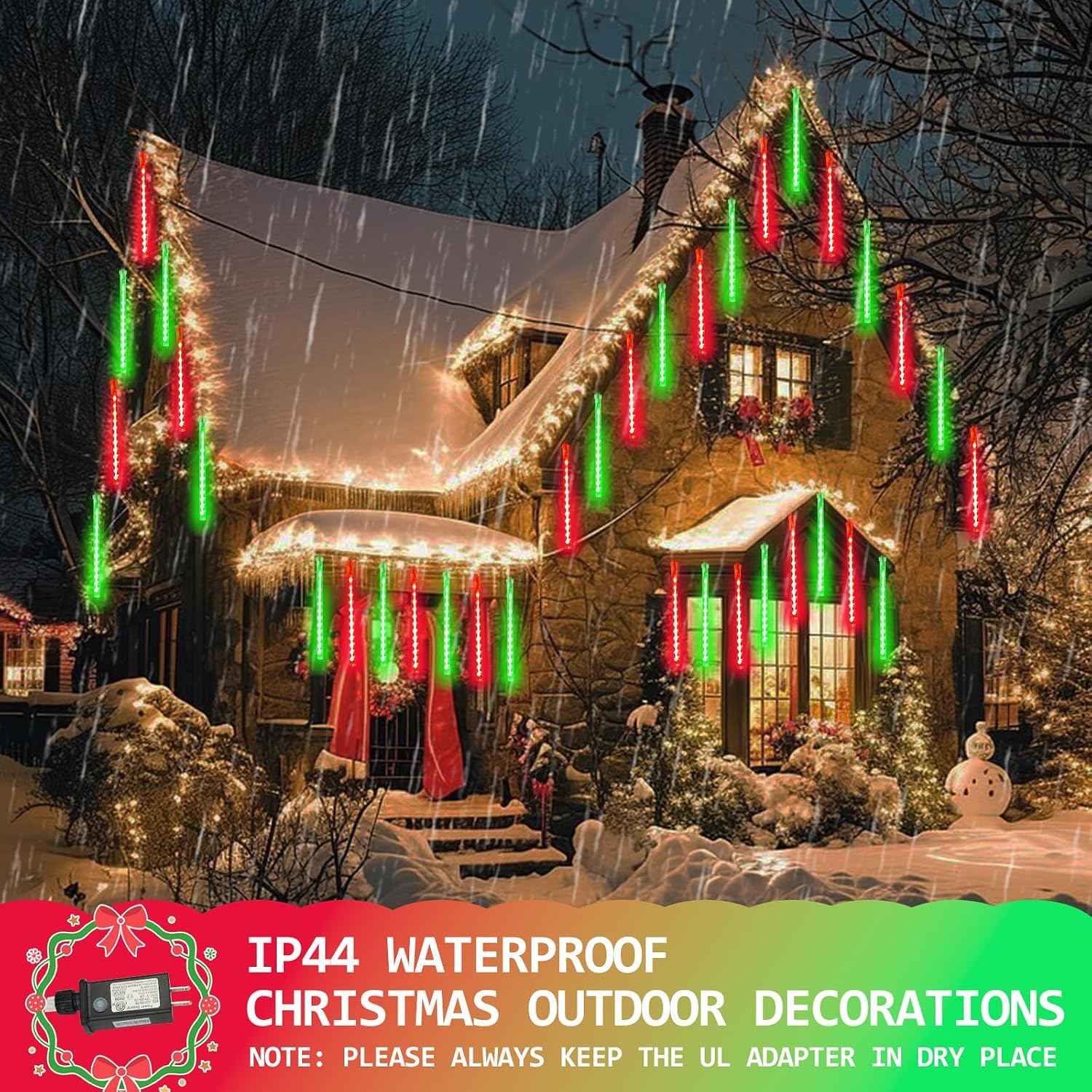 2 Pack Christmas Lights Outdoor 16 Tubes 384 LEDs Meteor Shower Rain Lights | Extendable, Timer, Waterproof Christmas String Lights, Icicle lights Outdoor for Xmas Tree Garden Yard Decor, Red and Green