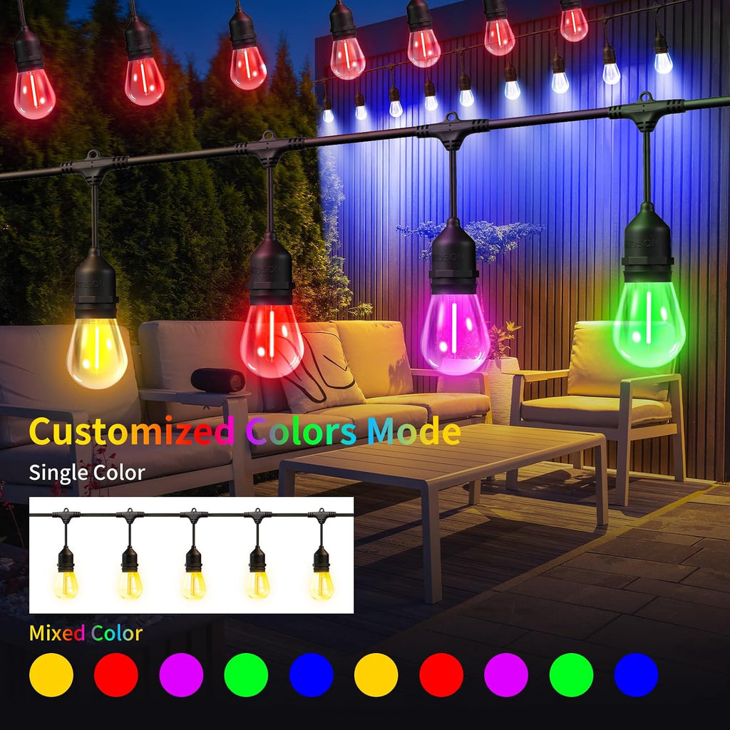 26FT Outdoor String Lights, Outdoor Lights for Patio,with 12+2 LED RGBW Color Change,3000K Bright White Waterproof Bulbs, Dimmer & Remote, Customized 12 Colors & 4 Modes, for Backyard Decor