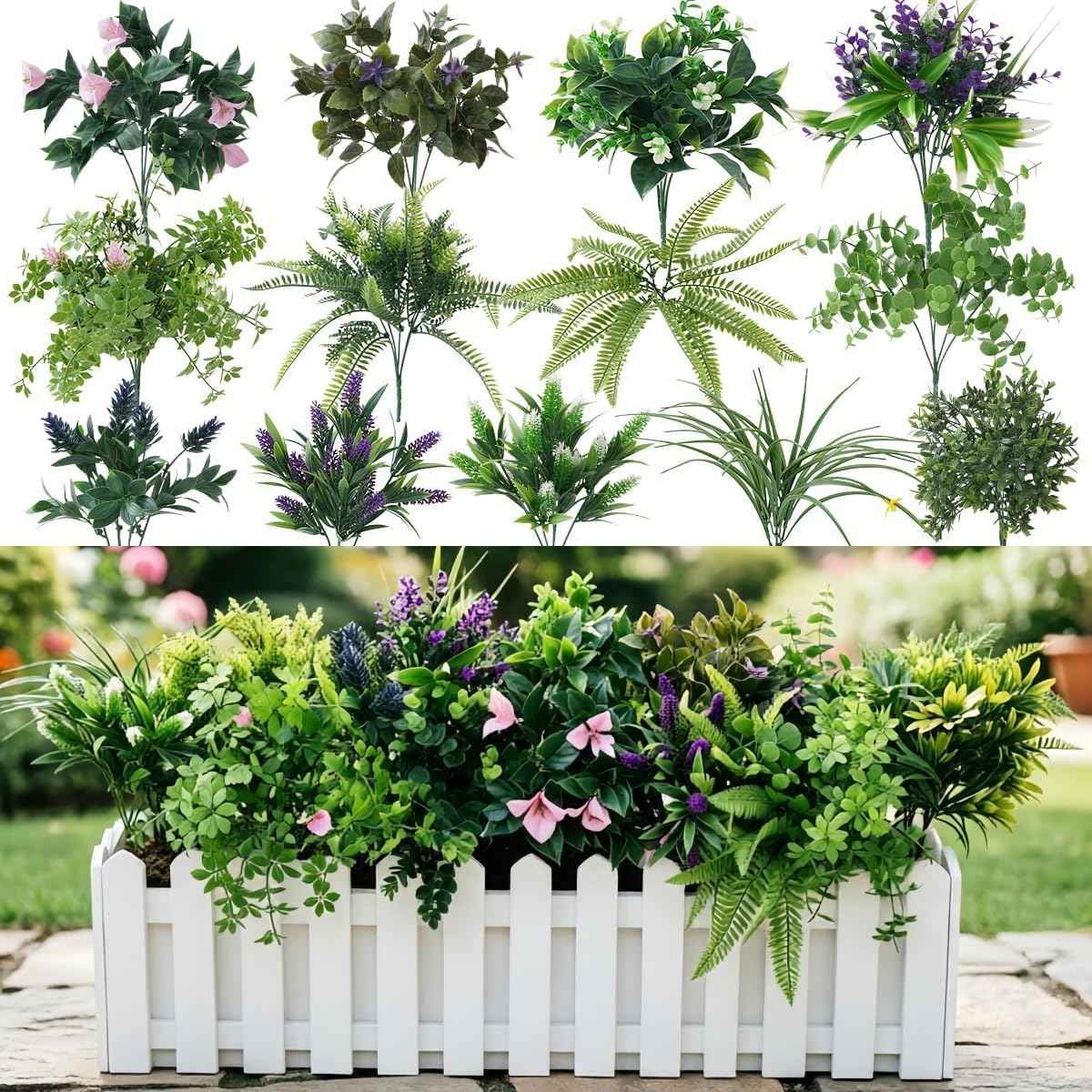 Laelfe UV Resistant Artificial Plants & Flowers, 13 Bundles | Fade Resistant 5000H UV Tested, Faux Fern Lavender Greenery Stems, Fake Plastic Shrubs for Front Porch Garden Patio