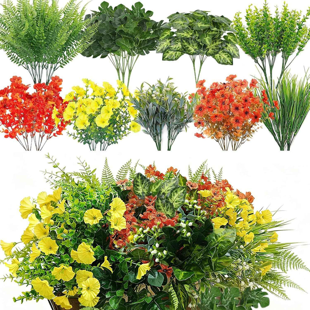 24 Pcs Outdoor Artificial Plants Realistic Artificial Flowers Greenery Stems Faux Plants Bushes for Home Planter Patio Garden Front Porch Yard Decor