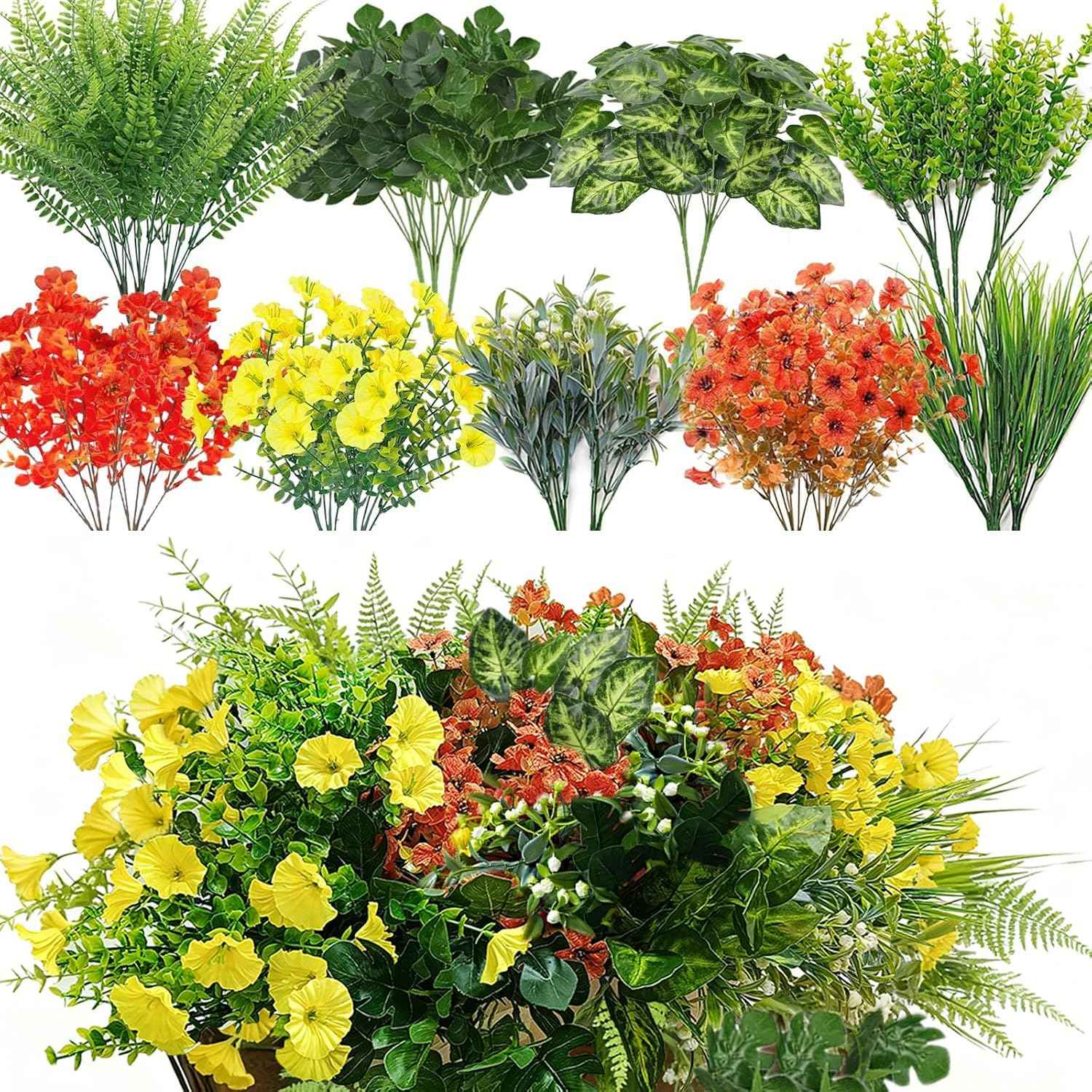 24 Pcs Outdoor Artificial Plants Realistic Artificial Flowers Greenery Stems Faux Plants Bushes for Home Planter Patio Garden Front Porch Yard Decor