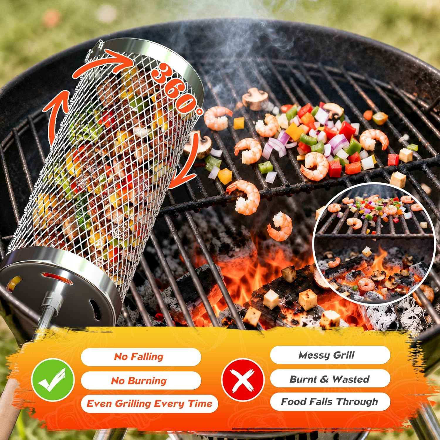 Rolling Grill Basket, Grilling Accessories 2 Pack, Gifts for Men | 304 Stainless Steel, Removable Wooden Handle, BBQ Grill for Vegetable, Outdoor Cooking, Birthday Gifts for Men Dad Husband