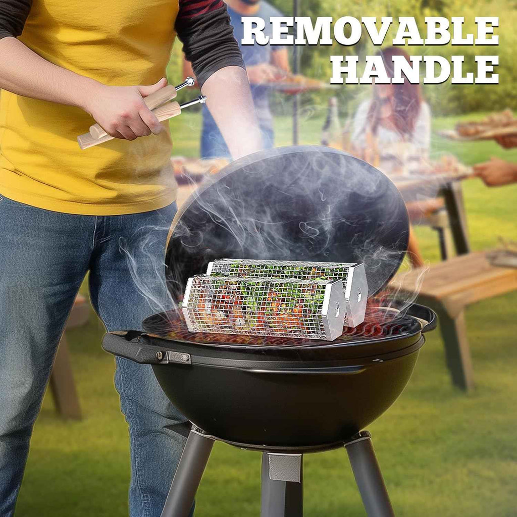 ivtivfu Rolling Grill Baskets, Removable Wooden Handle, Nesting BBQ Tools | 304 Stainless Steel, Grilling Smoker Accessories for Vegetable, Outdoor Camping Cooking, Birthday Gifts for Husband Men Dad