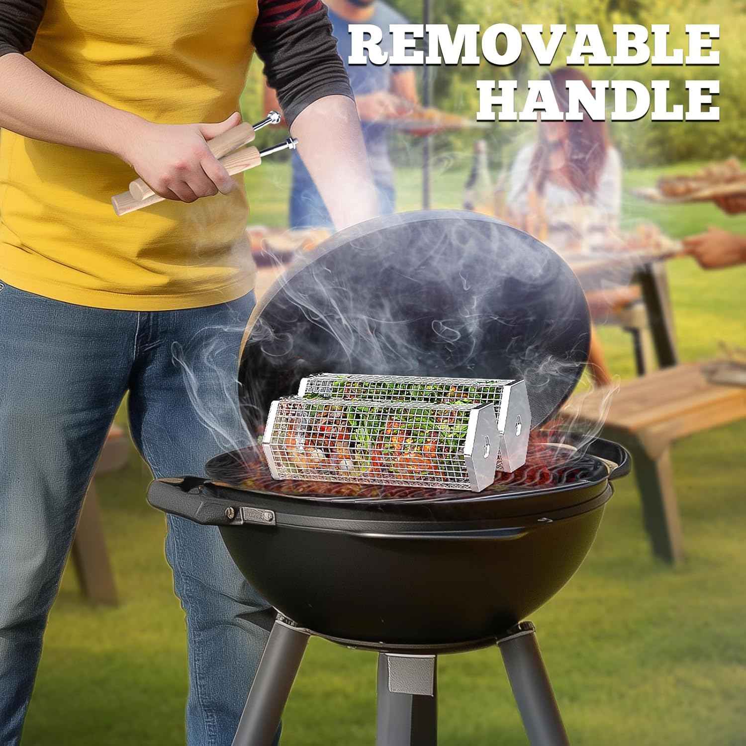 ivtivfu Rolling Grill Baskets, Removable Wooden Handle, Nesting BBQ Tools | 304 Stainless Steel, Grilling Smoker Accessories for Vegetable, Outdoor Camping Cooking, Birthday Gifts for Husband Men Dad
