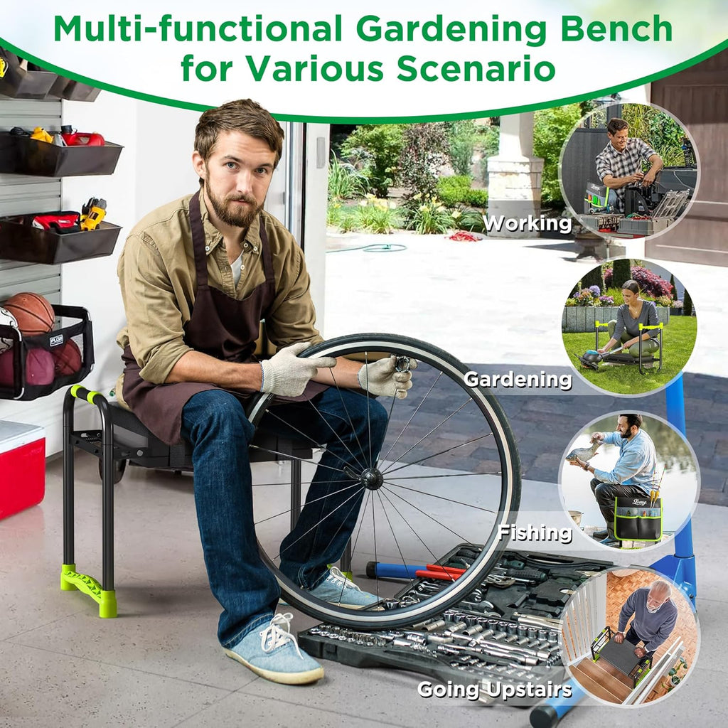 10.8” Wide Garden Kneeler and Seat, Heavy Duty Foldable Garden Stool | Included Thickened Kneeling Pad, Portable Gardening Bench Chair for Seniors & Parents with Tool Belt Pouch