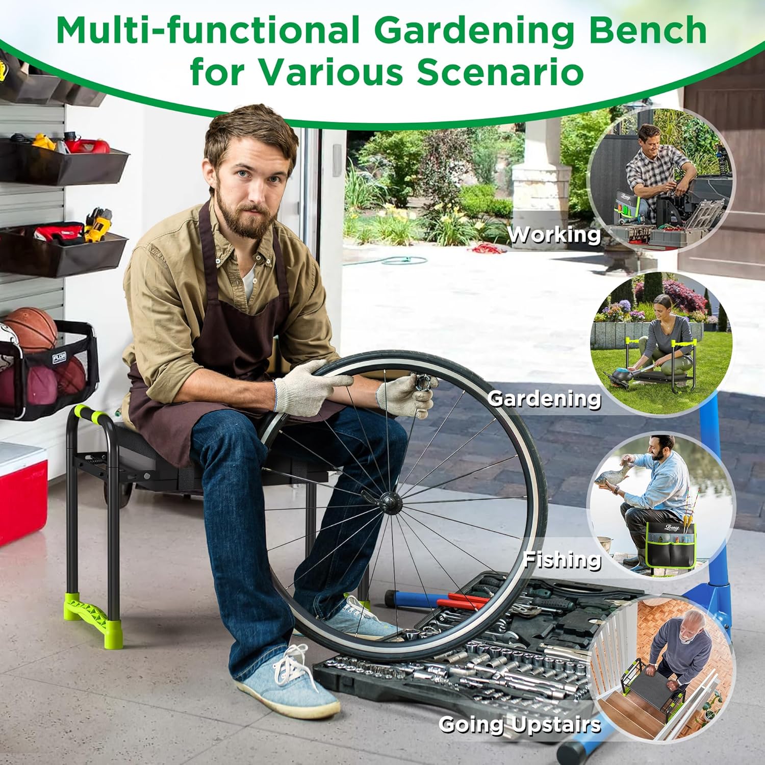 10.8” Wide Garden Kneeler and Seat, Heavy Duty Foldable Garden Stool | Included Thickened Kneeling Pad, Portable Gardening Bench Chair for Seniors & Parents with Tool Belt Pouch