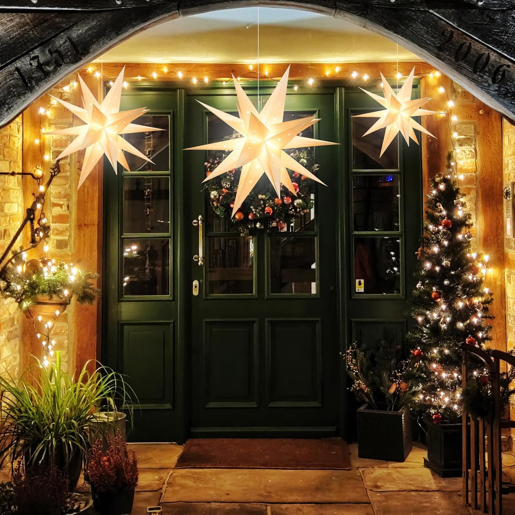23" Plug-in Moravian Star Outdoor Light with Timer, Warm White 3D PVC Christmas Star IP44 Waterproof Hanging Decoration for Porch, Garden, Wedding, Indoor Holiday Display