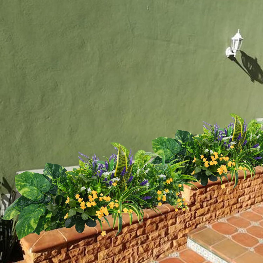 GTIDEA 19 Pcs Outdoor Faux Plants Artificial Plants & Flowers, UV Resistant | Fake Plastic Leaves Greenery Stems for Outside Window Box Hanging Baskets Garden Patio Front Porch Decor