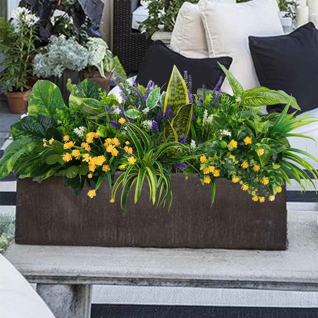 GTIDEA 19 Pcs Outdoor Faux Plants Artificial Plants & Flowers, UV Resistant | Fake Plastic Leaves Greenery Stems for Outside Window Box Hanging Baskets Garden Patio Front Porch Decor