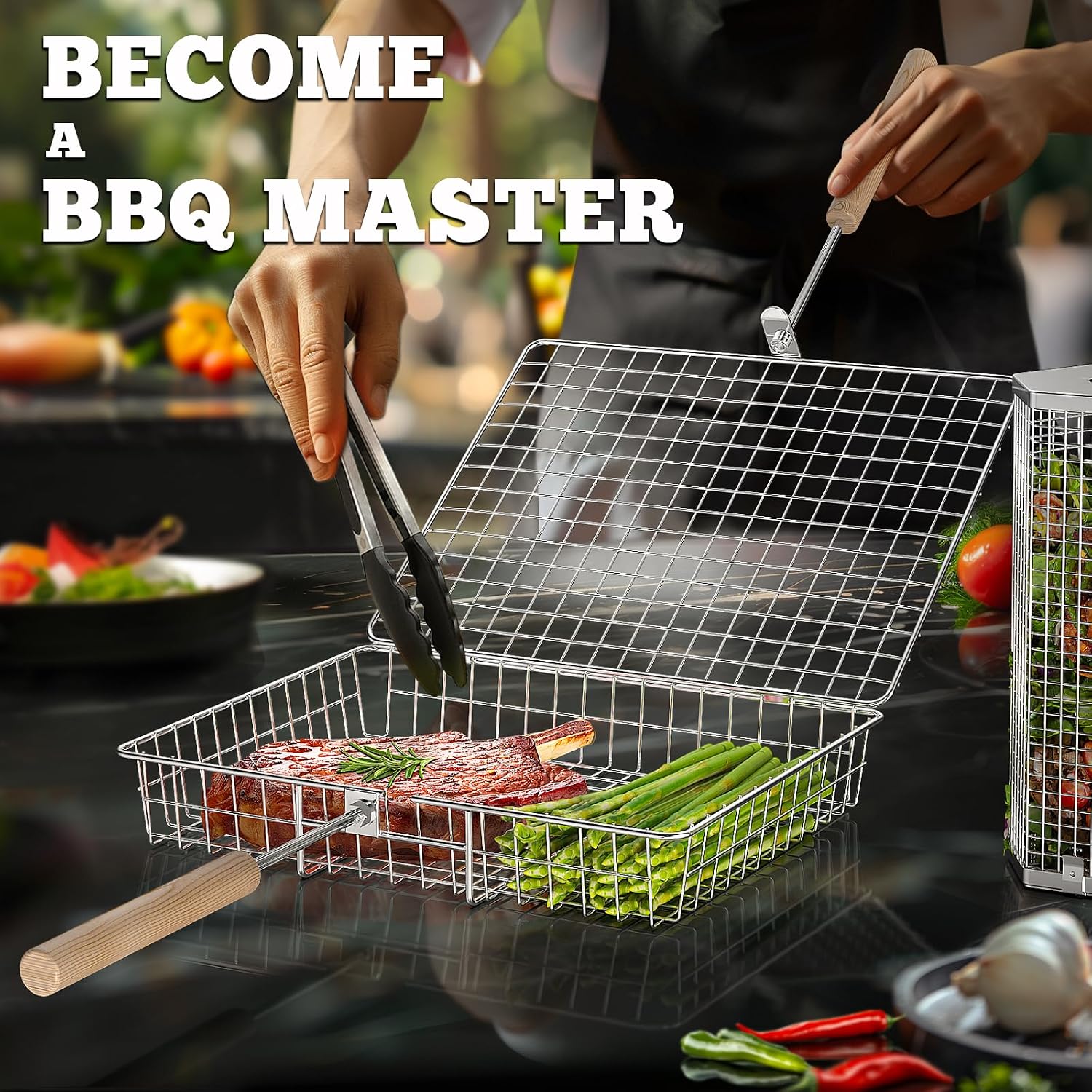 ivtivfu Grill Basket Set, Removable Wooden Handle, Rolling Grilling Tools | 304 Stainless Steel, Smoker BBQ Accessories for Vegetable Fish, Outdoor Cooking Camping, Birthday Gifts for Men Dad Husband