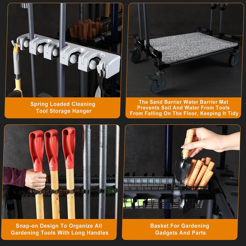 Heavy-Duty Garden Tool Organizer Cart Ideal for Gardening, Upgraded 5-Inch Wheels for Lawn & Sand, Long-Handle Tool Storage