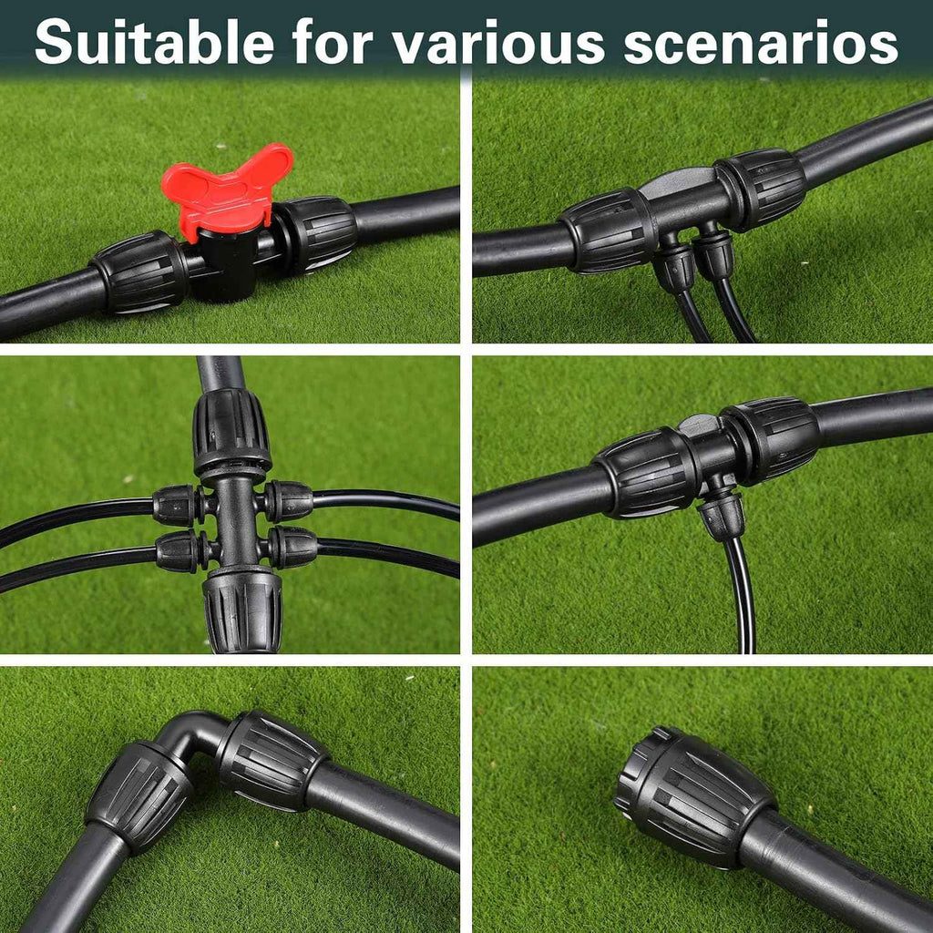 Rossesay 20 Pcs 1/2 Inch Tubing Drip Irrigation Fittings Kit for Drip Line Connectors Water Drip System Include 2 Elbow, 3 Switch Valves, 4 End Cap, 2 Couplings, 3 3 Way,3 4 Way,3 6 Way Connector