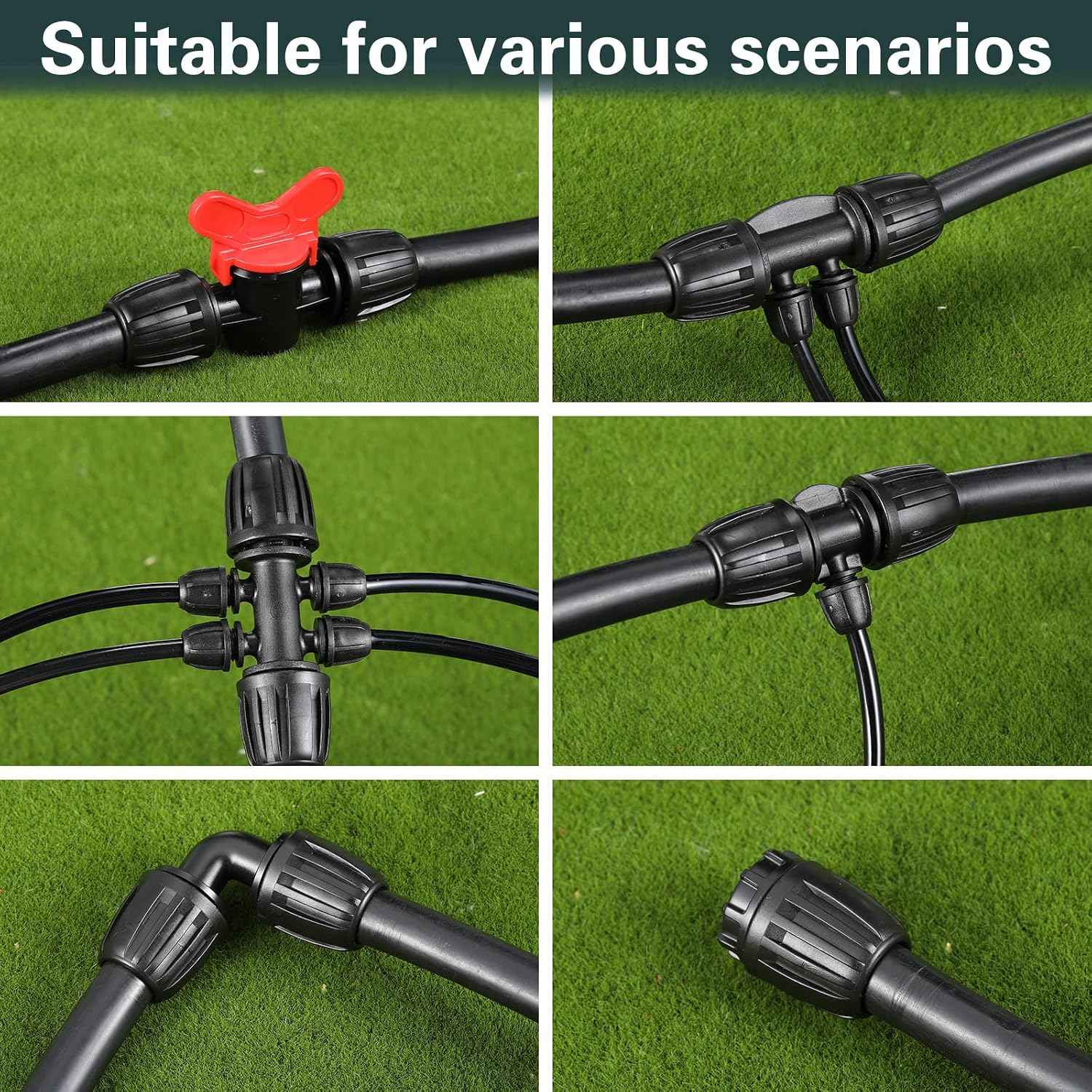 Rossesay 20 Pcs 1/2 Inch Tubing Drip Irrigation Fittings Kit for Drip Line Connectors Water Drip System Include 2 Elbow, 3 Switch Valves, 4 End Cap, 2 Couplings, 3 3 Way,3 4 Way,3 6 Way Connector