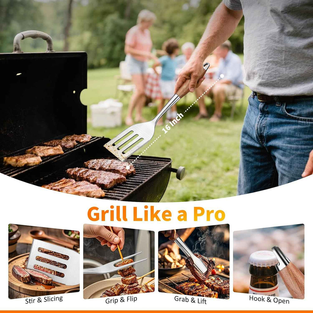 RIKOJUXI Heavy Duty Stainless Steel BBQ Accessories Tools Set Grill Gift | Grilling Gifts for Men Women Father BBQ Tools Grill Accessories for Outdoor Grill with Spatula, Fork, Tongs