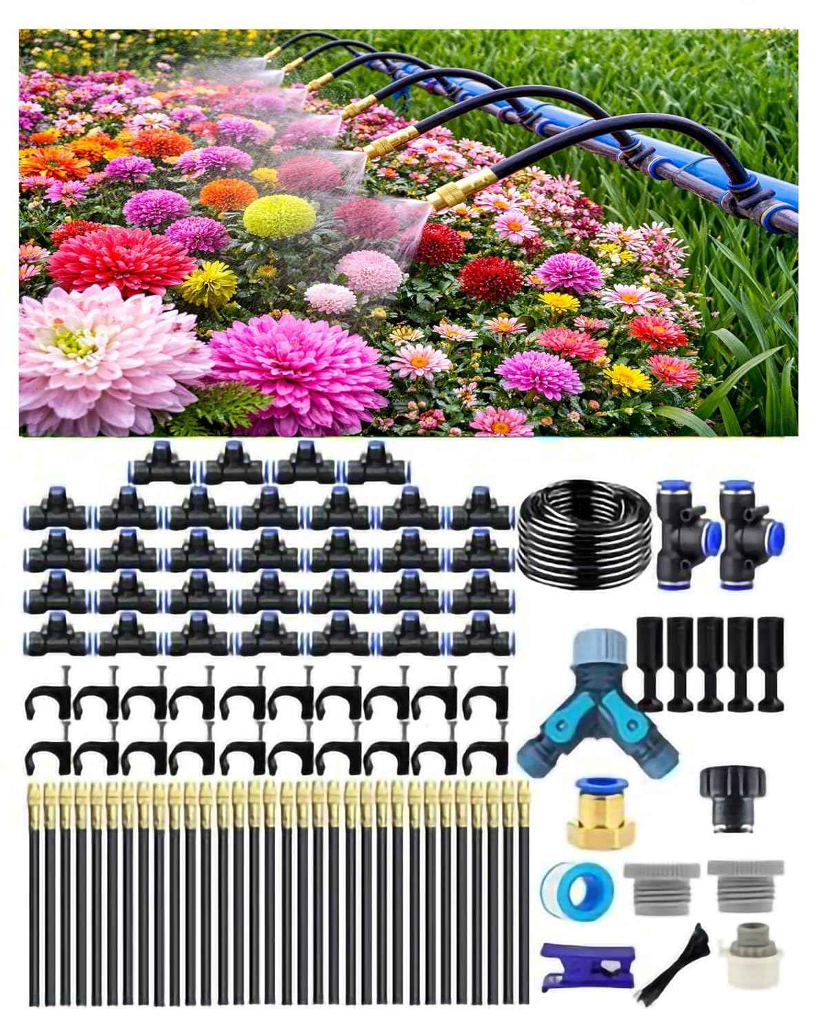 360° Adjustable Drip Irrigation System – Garden Watering Sprinkler System | 12mm Large-Diameter Tubing, Automatic Quick-Connect Misting Sprinkler System for Raised Beds, Lawn, Patio, Yard, Greenhouse