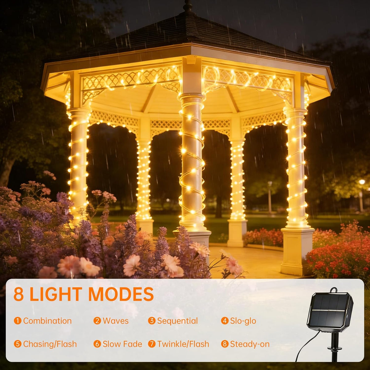 Solar Roep Lights for outside, 66ft 200 LED Warm White Solar string Lights | with 8 Modes, Waterproof Solar Outdoor Lights for Patio Garden Yard Party Tree Proch Pool Fence Holiday Christmas Decoration