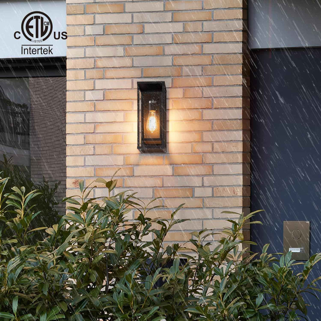 mirrea 14" Modern Outdoor Porch Wall Light, Matte Black, 2 Pack | Waterproof rectangular wall sconce with clear glass & metal frame. Perfect outdoor light fixture for entryways, patios.