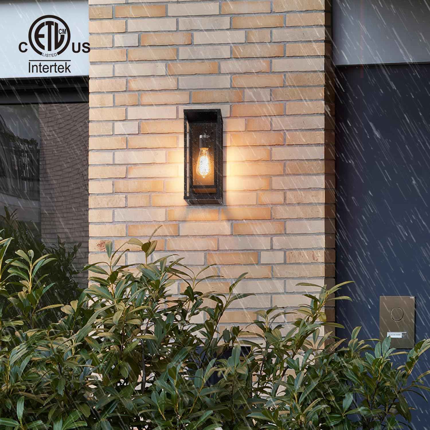 mirrea 14" Modern Outdoor Porch Wall Light, Matte Black, 2 Pack | Waterproof rectangular wall sconce with clear glass & metal frame. Perfect outdoor light fixture for entryways, patios.