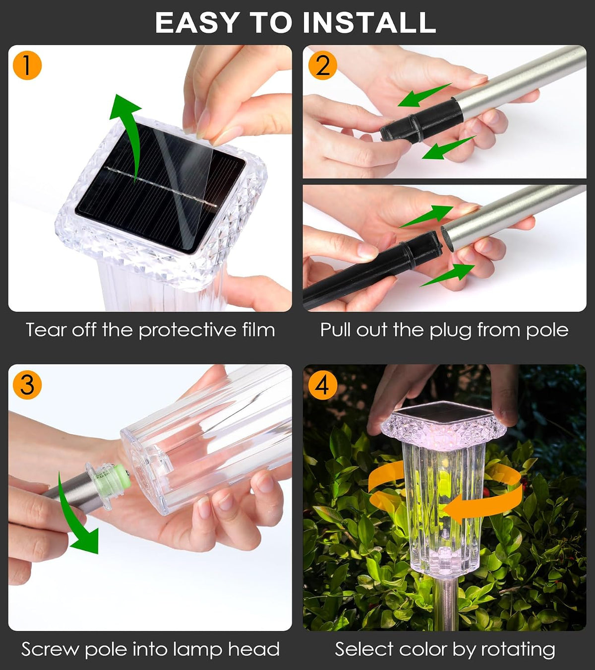 DenicMic Pathway Solar Lights Outdoor Waterproof 4 Pack Halloween Decor | 10 Color Mode LED Stake Lights for Yard Garden Driveway Walkway Landscape Path Lights Auto On/Off, Acrylic/Stainless Steel