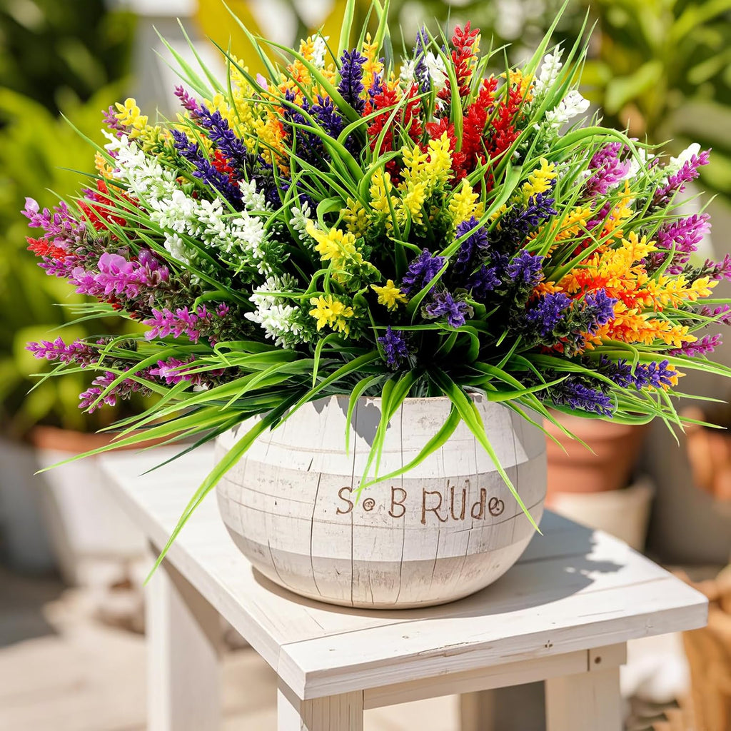 24 Bundles Artificial Plants Flowers Outdoor, UV Resistant,Mix 6 Colors | Faux Plants with Monkey Grass, Realistic Plastic Flowers for Garden Porch Window Box Patio Hanging Planter Decor