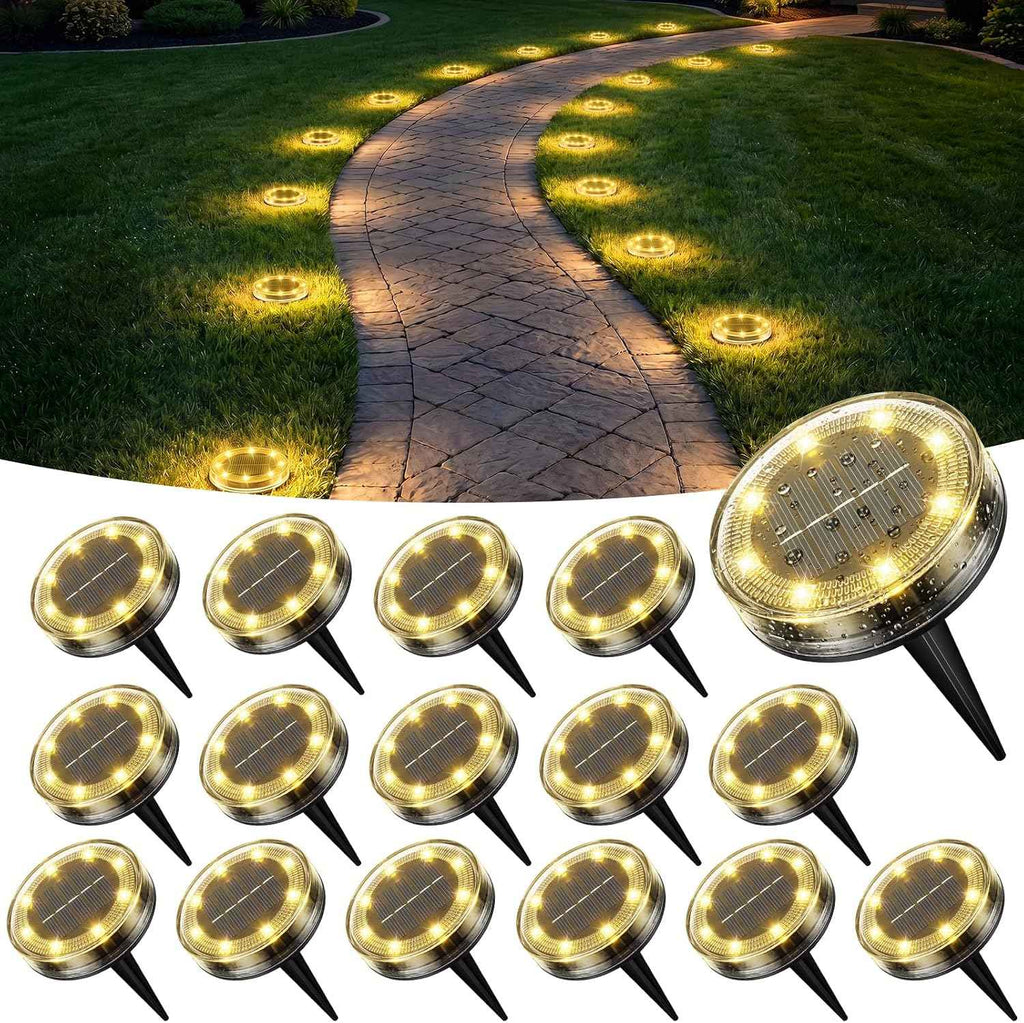 Peasur Solar Ground Lights Outdoor Anti-Rust Disk Lights, 16pack Warm White | IP68 Waterproof, 8 LED Flat Solar Lights Auto ON/OFF Solar Garden Lights for Walkway Driveway Yard Pathway Landscape Lighting