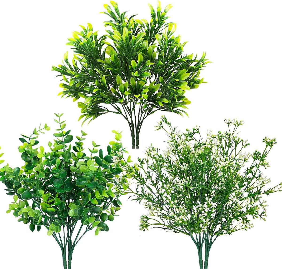 Ouddy Decor 6 Pcs Mixed Artificial Greenery, Fake Plastic Plants Outdoor | Realistic fake eucalyptus babys breath stems, care-free, for garden patio window box wedding table indoor outdoor home decor