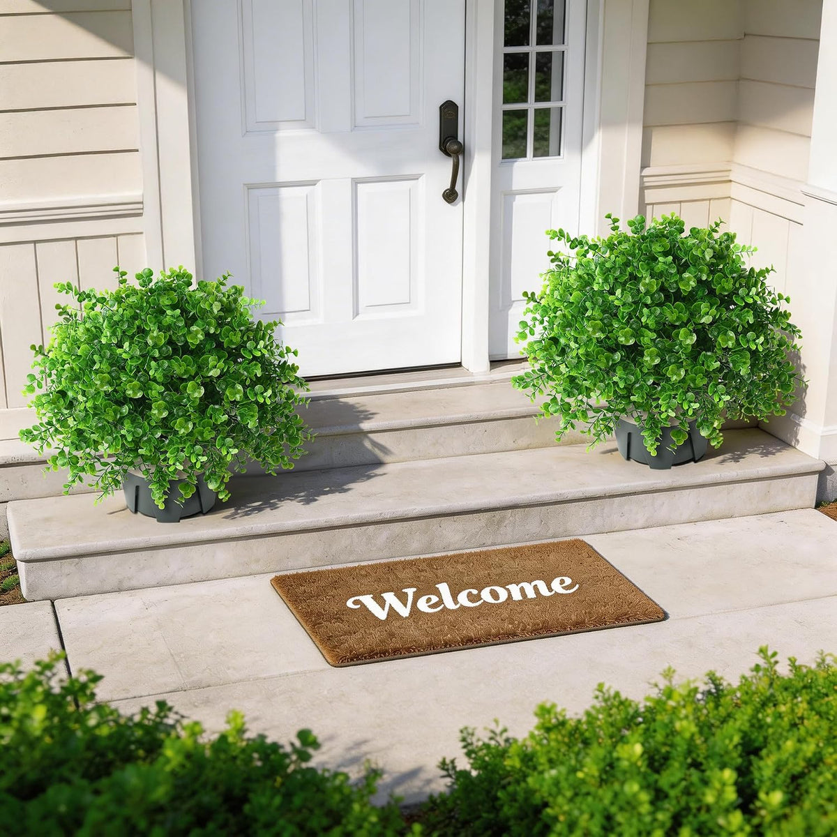 2 Pack Artificial Boxwood Topiary Trees Fake Plants for Outdoor Front Porch | UV-Resistant, Faux Realistic Greenery Potted Bushes with Pots for Front Door, Porch, Farmhouse, Garden Decor