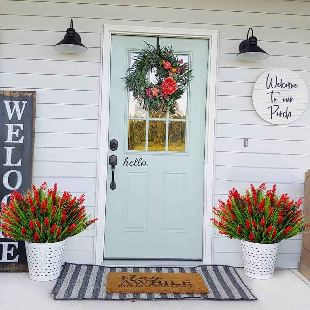 Artificial Plants Outdoor Fake Monkey Grass 12 Bundles Fake Outdoor Flowers | Red Artificial Flowers UV Resistant Fake Plants Outdoor Faux Greenery for Porch Pathway Yard Fall Winter Décor Outside Indoor