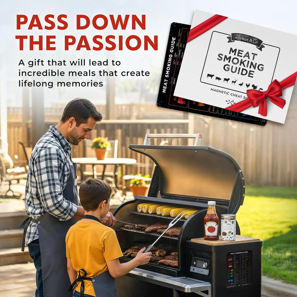 Meat Temperature & BBQ Smoker Guide Magnet - Wood, Time & Temp Chart | Grill it right every time - doneness for beef, poultry, pork & fish, a smoker accessory & gift for grill dads
