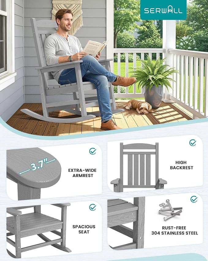 SERWALL HDPE Outdoor Rocking Chair Set of 2, Oversized Patio Rocking Chairs - Image 7