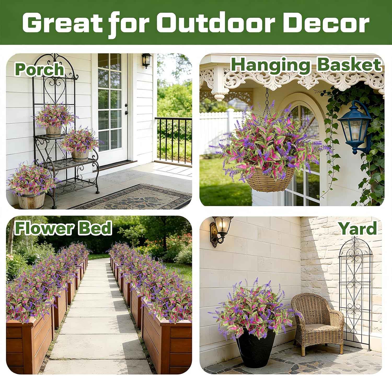Artificial Outdoor Plants, 20 Bundles Faux Plants for Outdoor Planters, Realistic Coleus Greenery with Purple Flowers, UV Resistant for Porch Patio Garden Decor