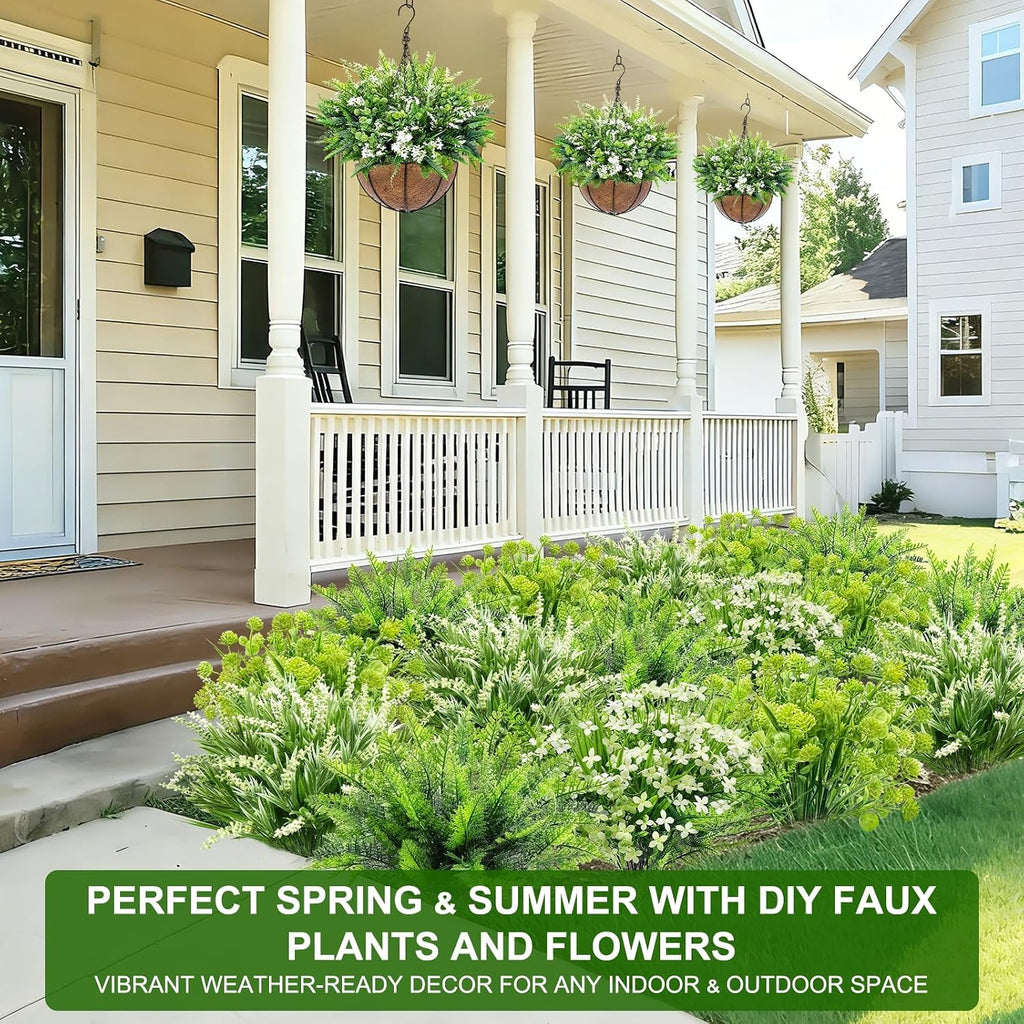 TURNMEON Artificial Plants Outdoor Fake Plants UV Resistant No Fade 12 Bundles 4 Styles Faux Plant Plastic Greenery Shrubs Boston Fern Lavender for Outside Gardens Porch Patio Indoor Home Decor