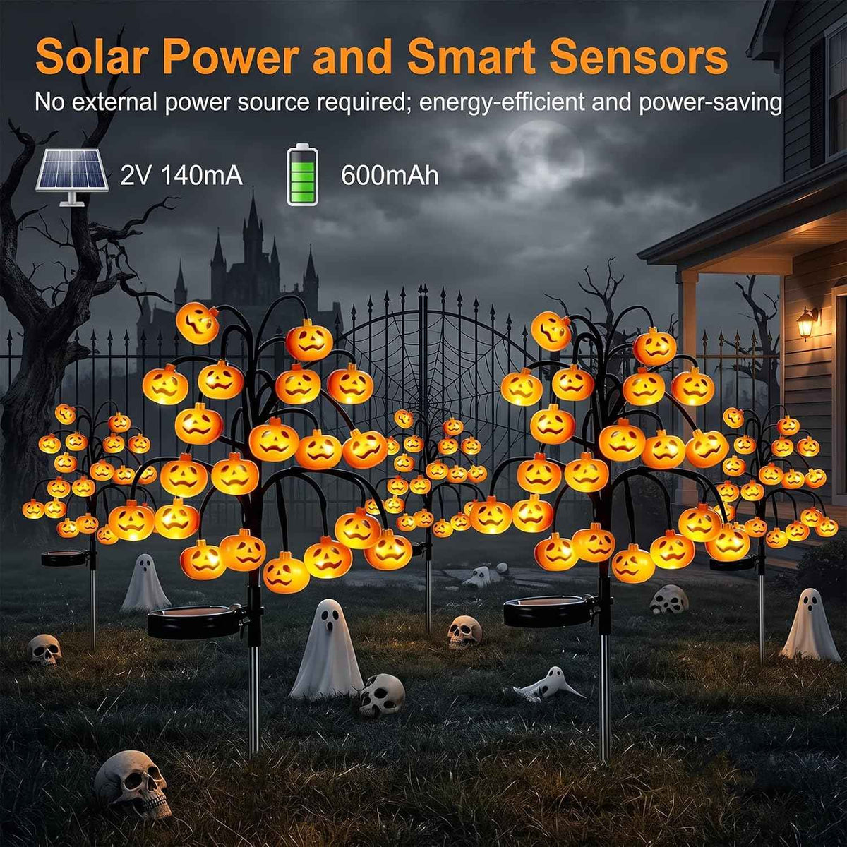 2PCS Solar Pumpkin Stake Pathway Lights, IP65 Waterproof Halloween Outdoor Decor with Steady On & Flash Lighting Modes，Solar-Powered Decor for Garden Yard Lawn Halloween Party (Yellow Pumpkin)