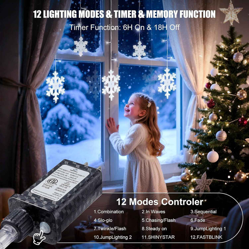 Brightown Christmas Snowflake Lights Outdoor - 13FT 192LED Snowflake String, 16 Drops, 12 Modes, Timer, IP65 Waterproof, Connectable Xmas Lights for Eaves Windows, Indoors & Outdoors