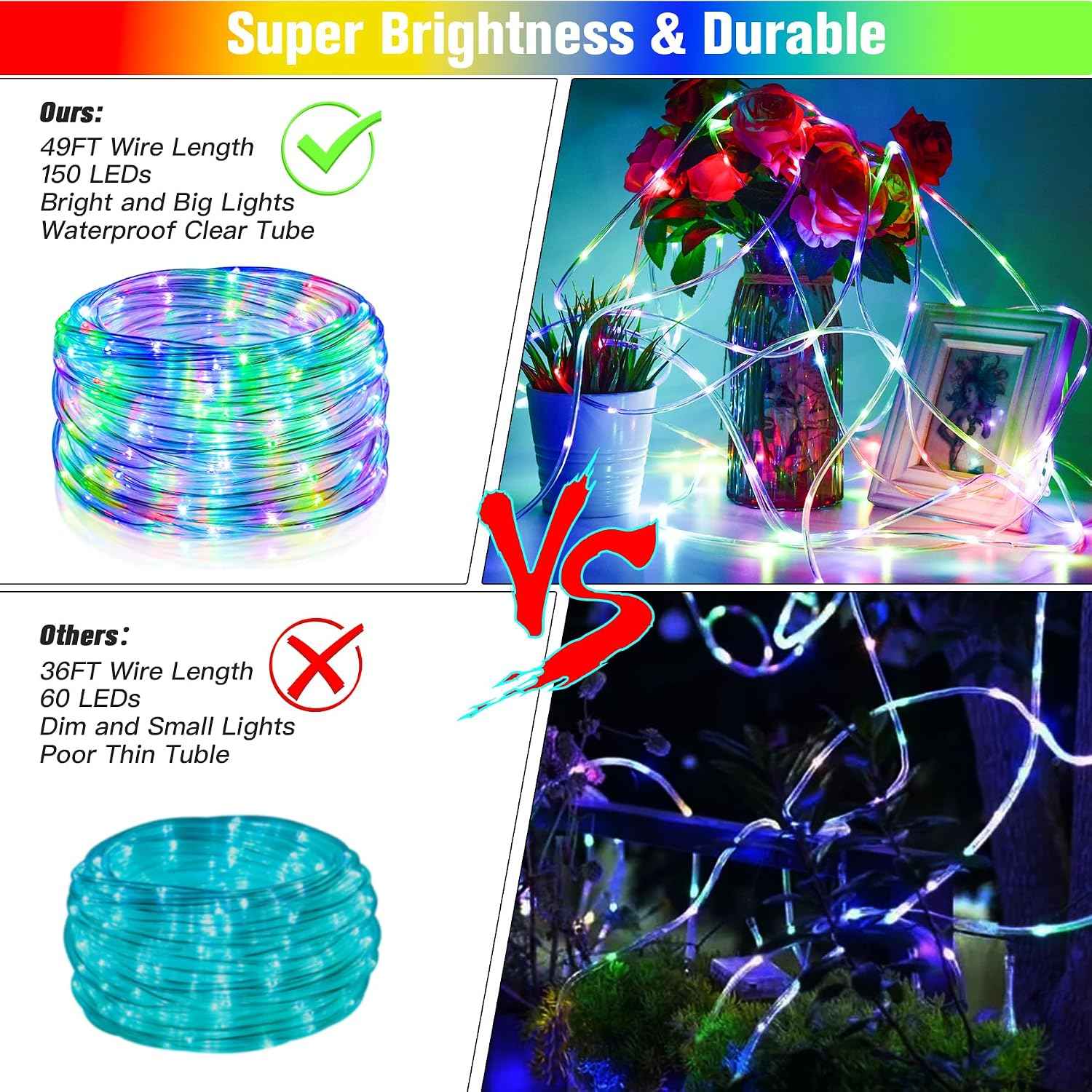 Nazuwke 49Ft LED Rope Lights for Outside, String Lights with Remotes | Waterproof 18 Colors 150 LEDs Colored Fairy Rope Lighting Outdoor Plug in for Bedroom Indoor Party Halloween Christmas
