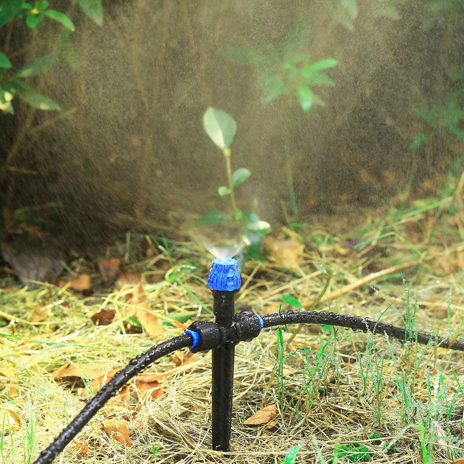 HUISUYTON 12 Pcs Push-to-Fit Drip Irrigation Spray for 1/4 inch Tubing | Adjustable 360° Drip Emitters Vortex,Quick-Connect Emitters Fan Shape on 5.5" Sturdy Stake for House Garden Watering System