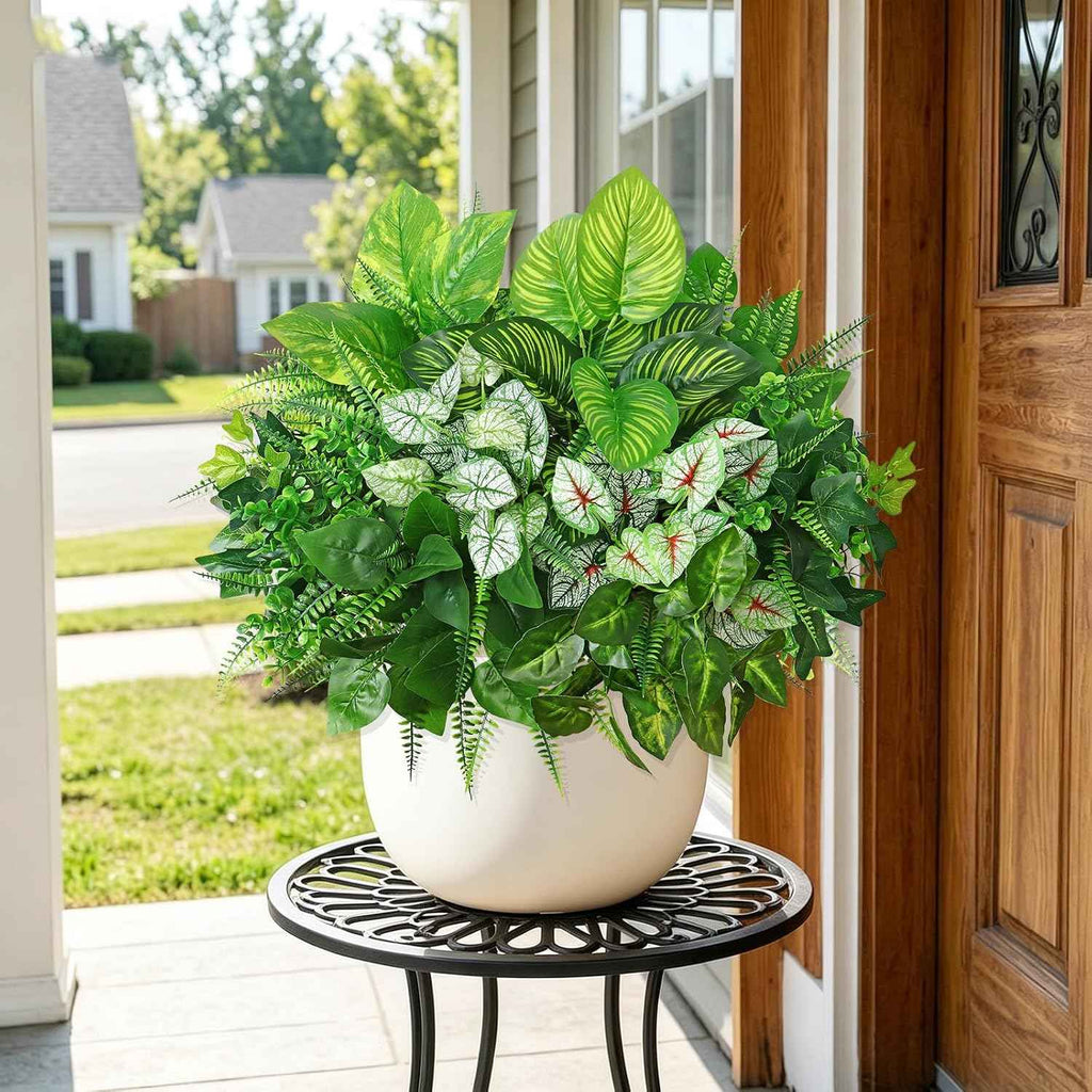 12 Bundles Artificial Plants for Indoor Outdoor UV Resistant Faux Plants | Weldomcor Fake Greenery Stems with Eucalyptus Fern Faux Shrubs for Outside Porch Planters Garden Window Box Patio Decor