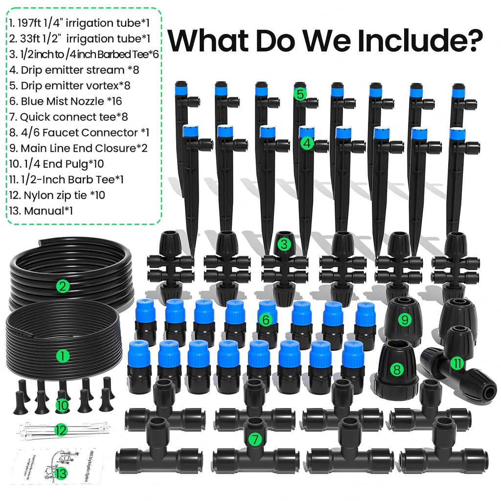 MIXC 230FT Quick-Connect Drip Irrigation System Kit, Automatic Garden Watering System with 1/4" & 1/2" Fast-Lock Tubing - Adjustable Nozzles & Sprinklers for Garden, Greenhouse, Lawn, Potted Plants